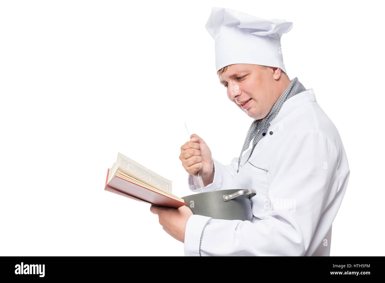 Cook Photo Portrait horizontal portrait of the cook with a pan and a book of recipes Stock ...