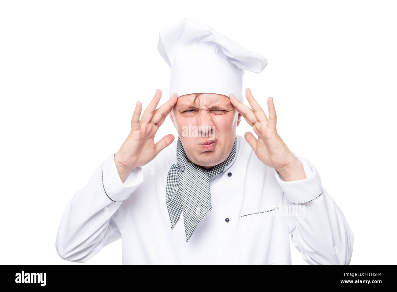 headache have overwrought chef portrait isolated on white background Stock Photo