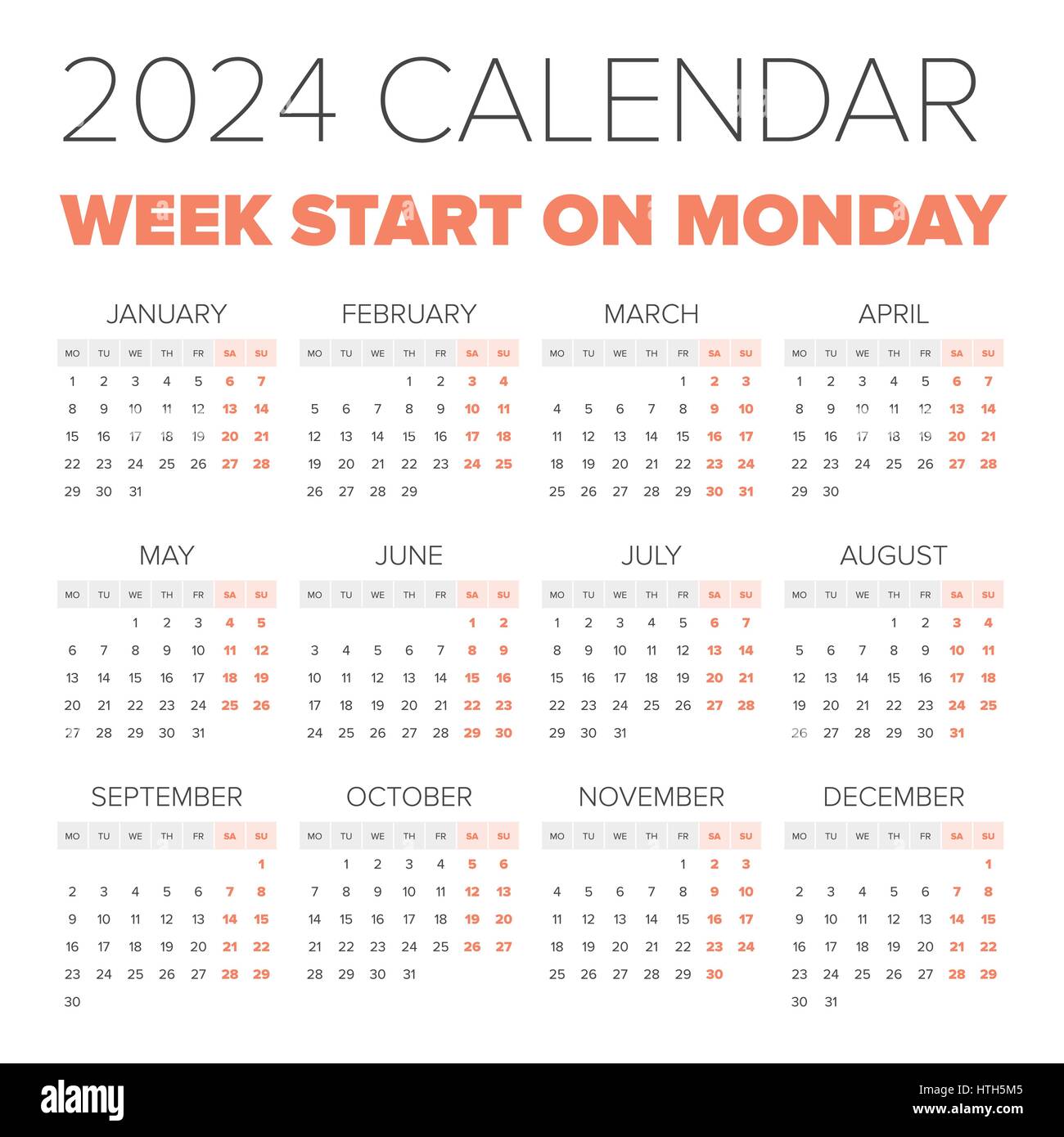 Simple 2024 year calendar, week starts on Monday Stock Vector Image