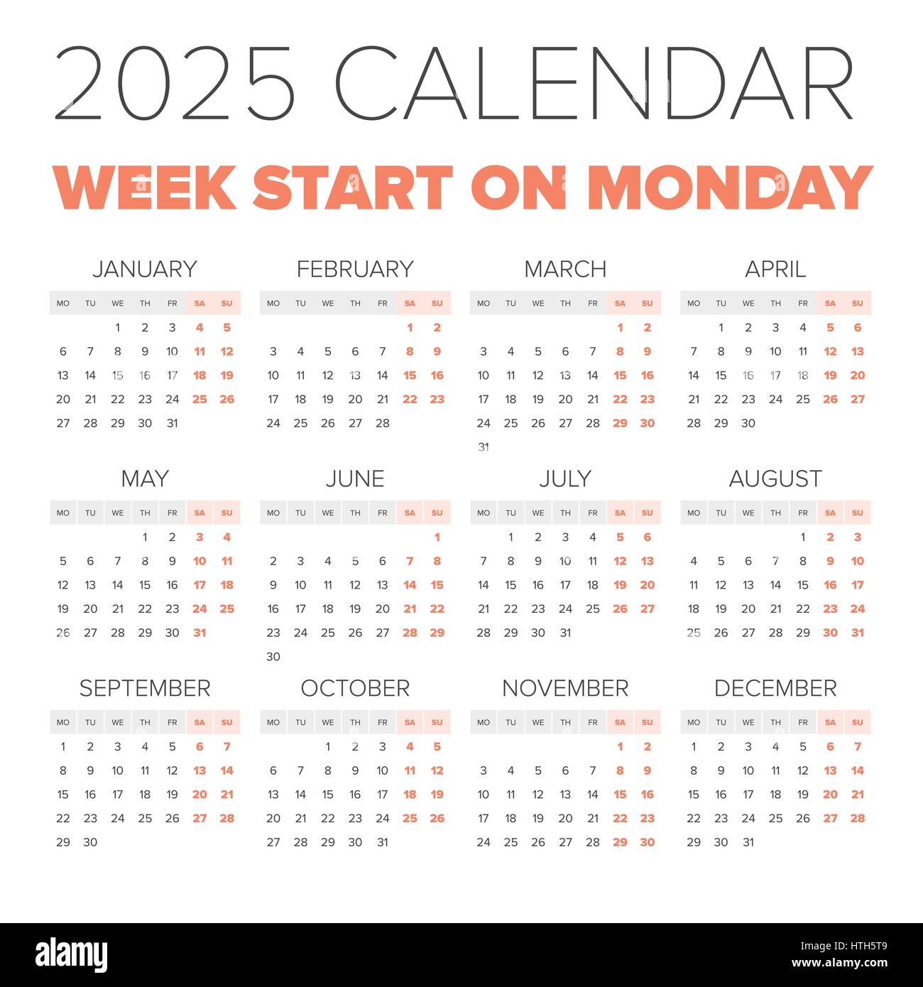 Simple 2025 Year Calendar Week Starts On Monday Stock Vector Image