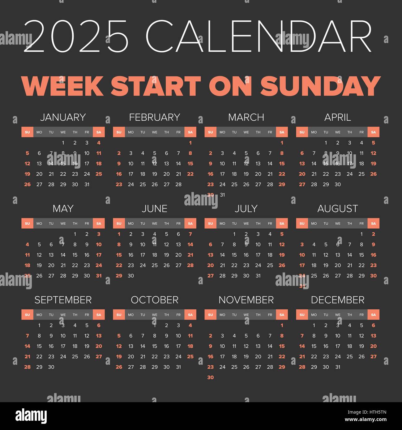 Simple 2025 Year Calendar Week Starts On Sunday Stock Vector Image