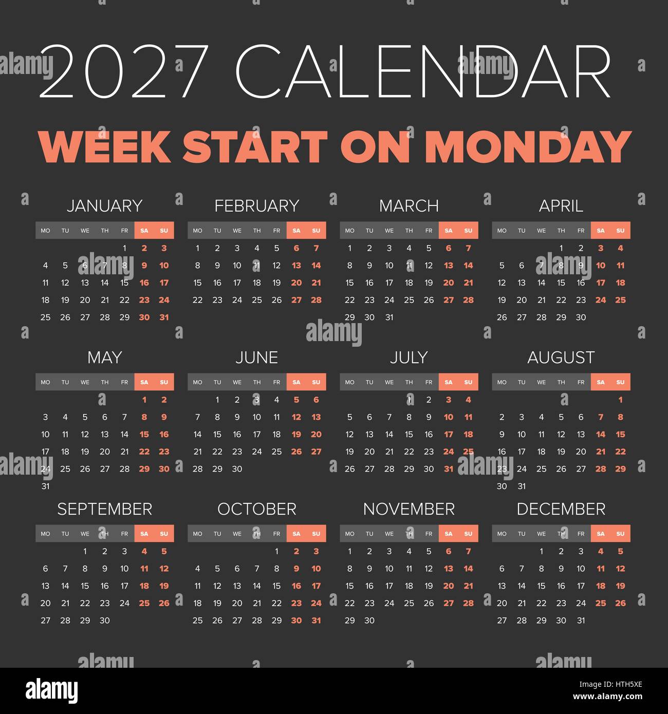 Simple 2027 year calendar, week starts on Monday Stock Vector Image