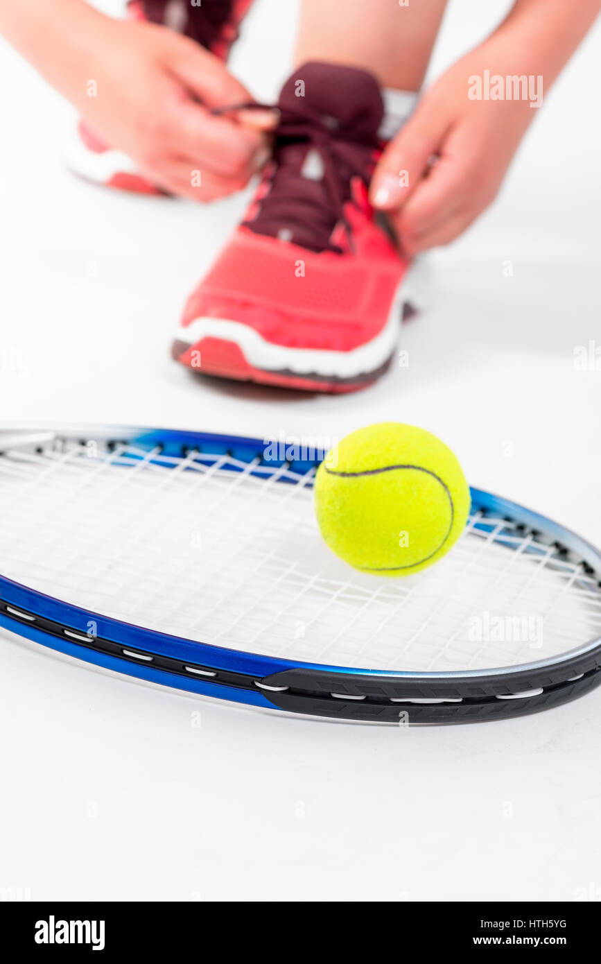 racket and tennis ball closeup on white background Stock Photo - Alamy