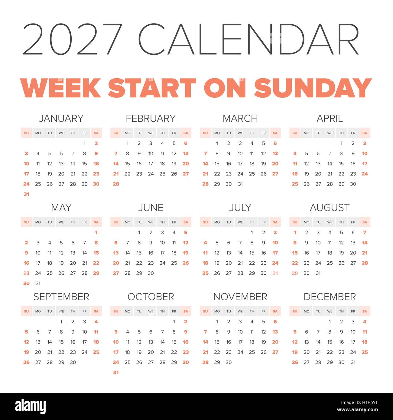 Simple 2027 year calendar week starts on Monday Stock Vector Image