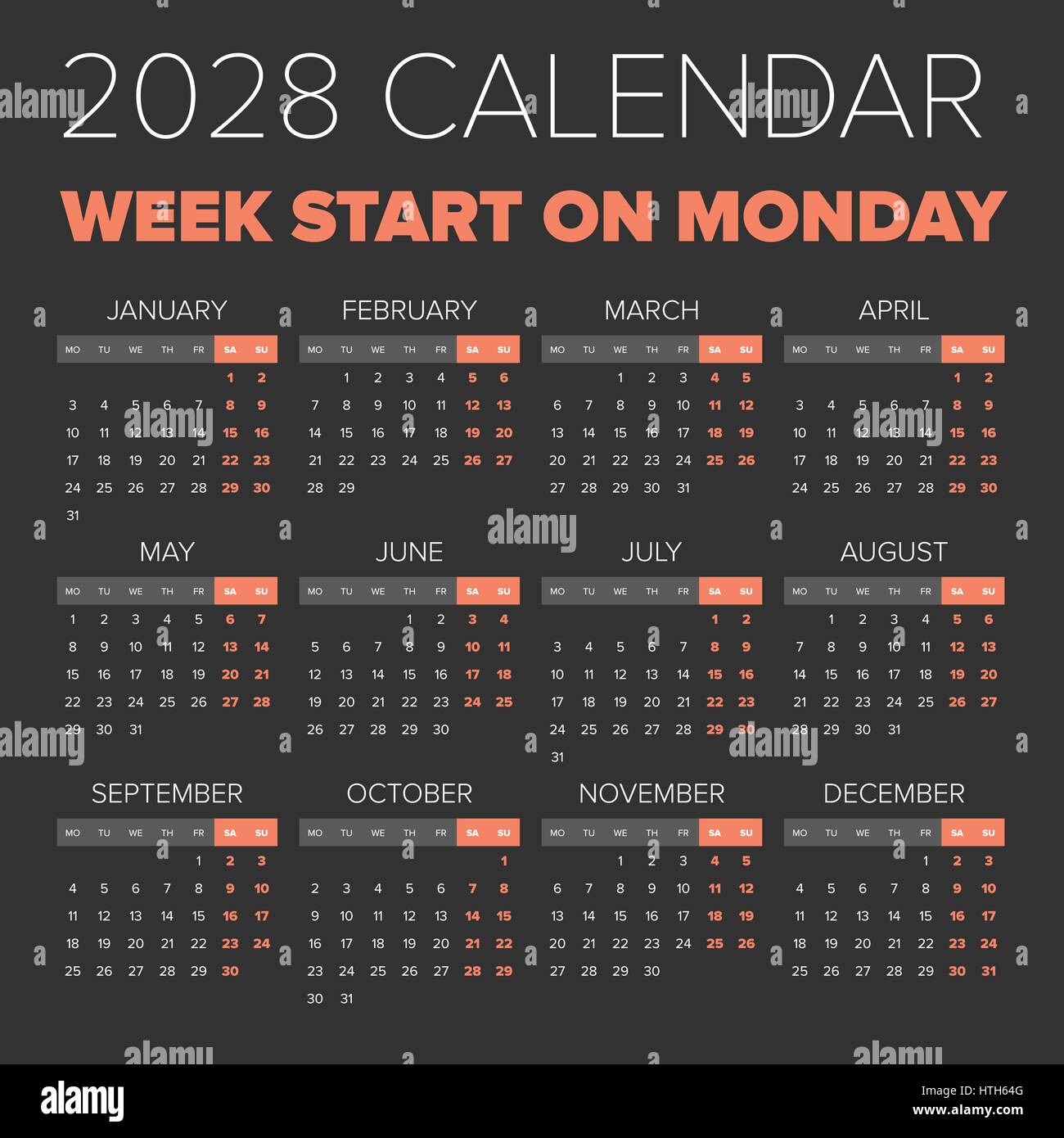 Simple 2028 year calendar, week starts on Monday Stock Vector Image & Art Alamy