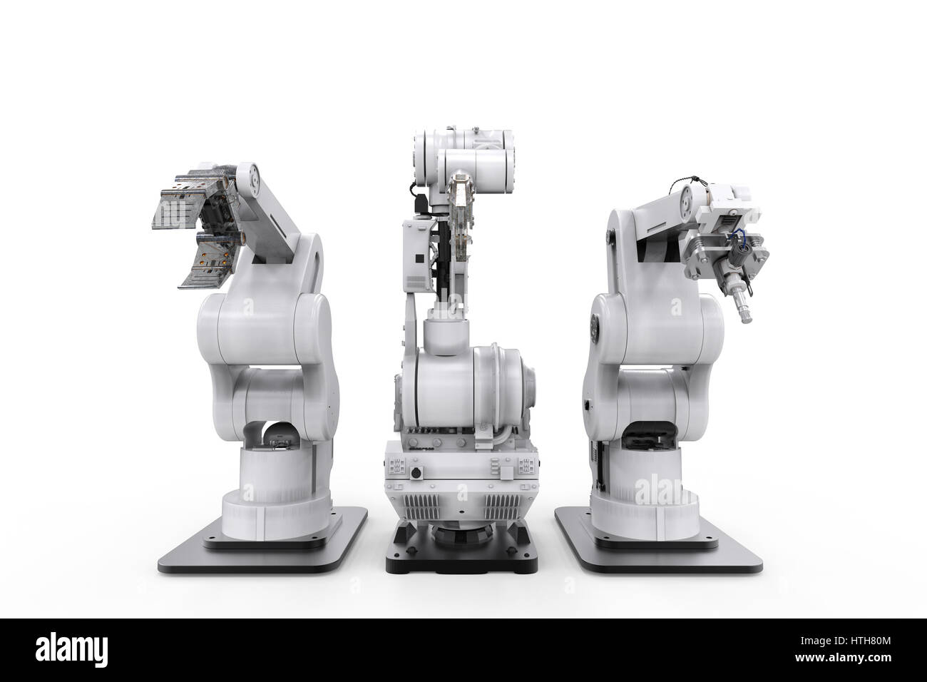 3d rendering three robotic arms in a row Stock Photo - Alamy