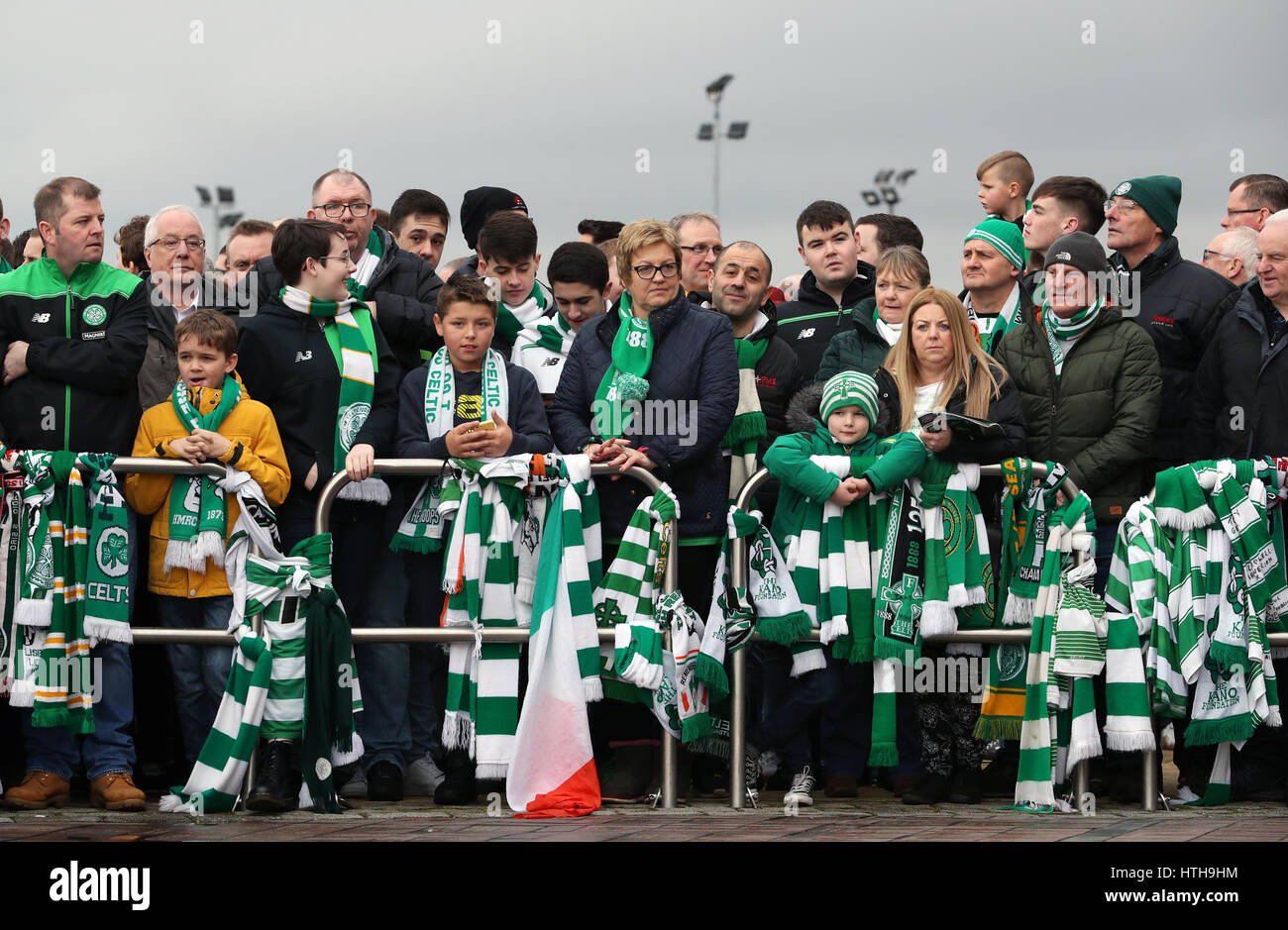 Celtic fans wait for the team bus to arrive before the Ladbrokes Scottish Premiership match at Celtic Park, Glasgow. Stock Photo