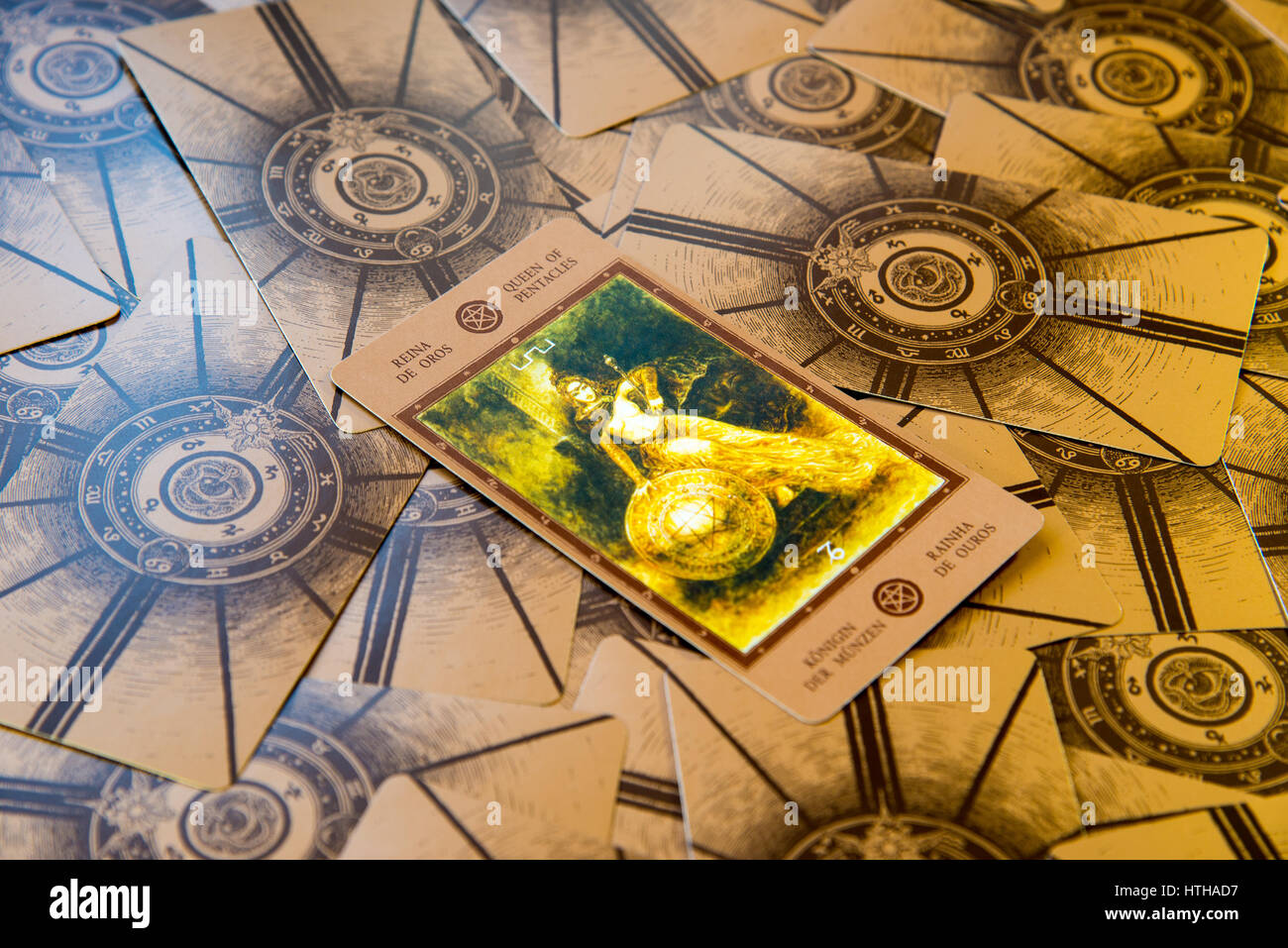 Moscow, Russia - January 29, 2017: Tarot card Qeen of Pentacles. Labirinth tarot deck. Esoteric background Stock Photo