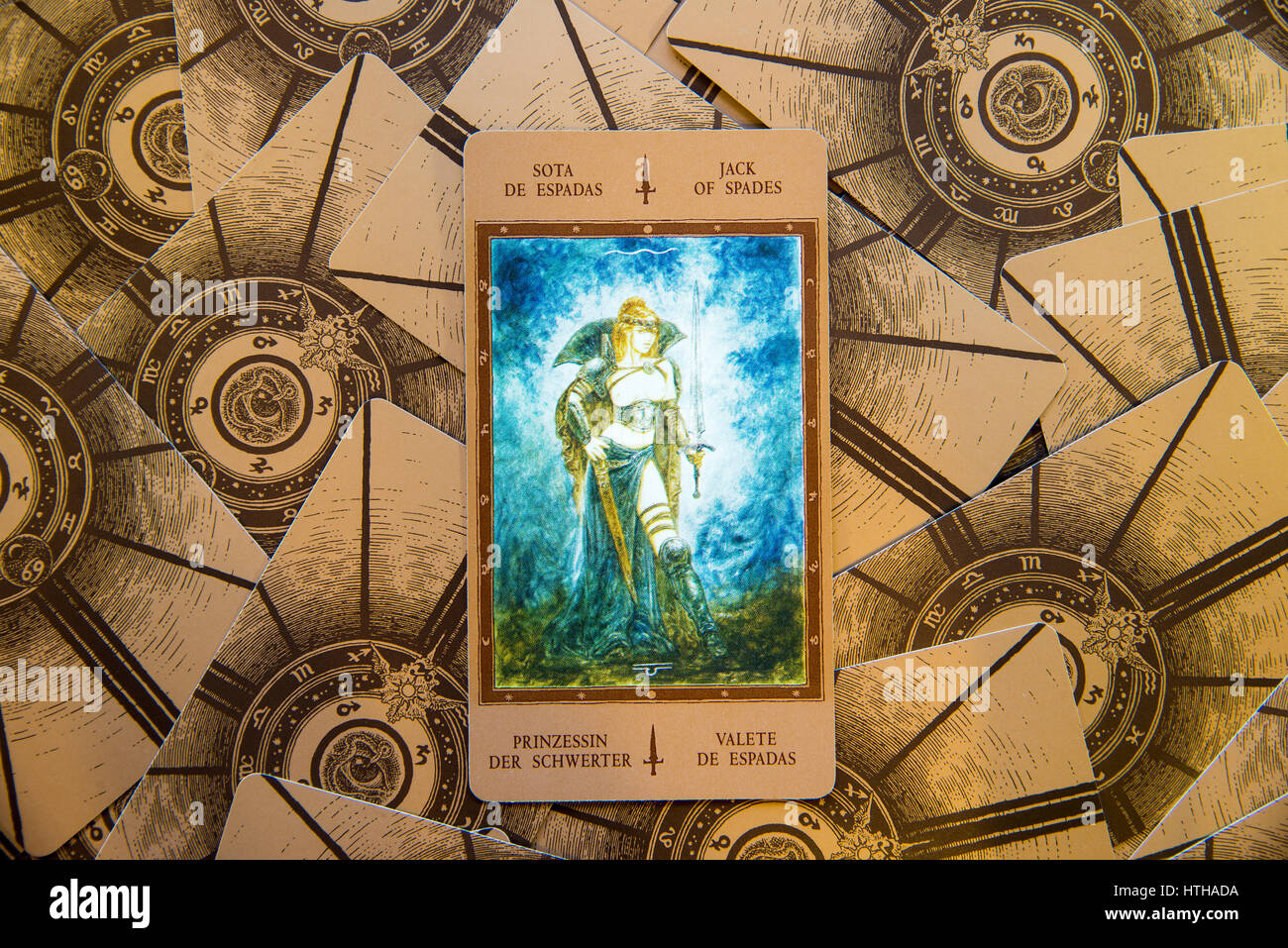Moscow, Russia - January 29, 2017: Tarot card Jack of Spades. Labirinth tarot deck. Esoteric background Stock Photo