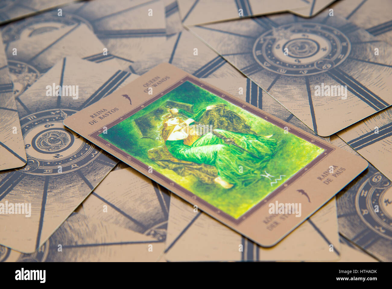 Moscow, Russia - January 29, 2017: Tarot card Qeen of Wands. Labirinth tarot deck. Esoteric background Stock Photo