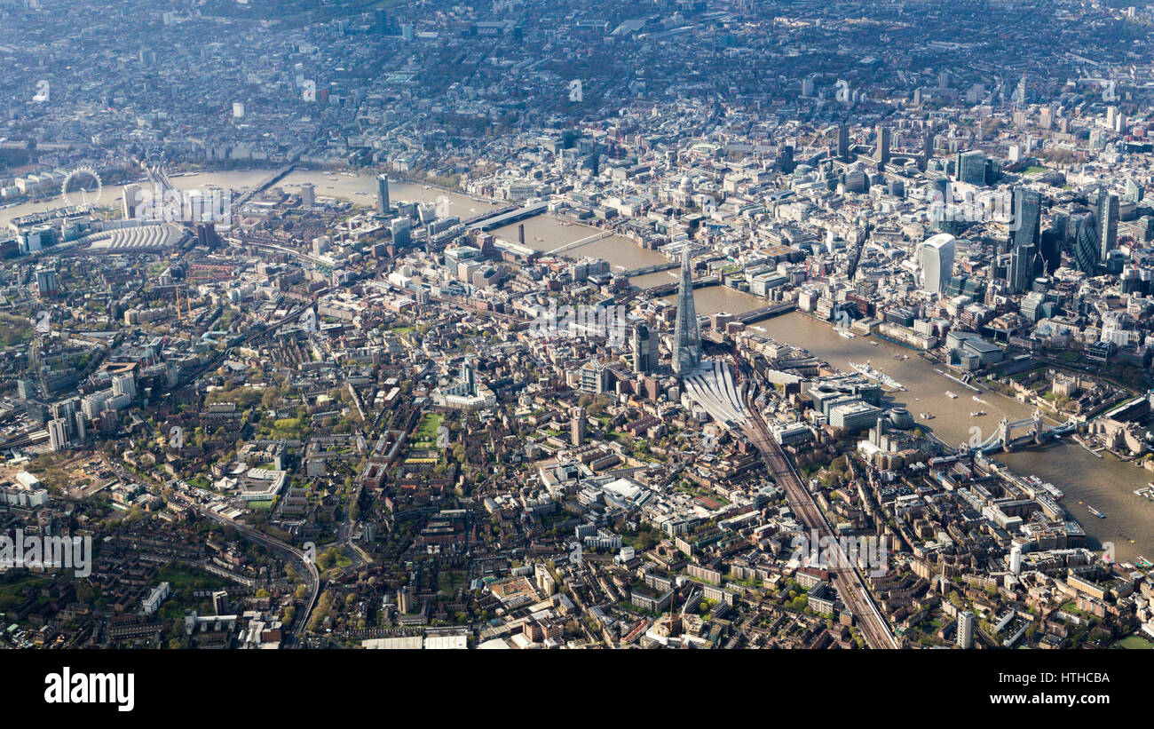 Aerial view of London from the East along the Thames from Tower Bridge Stock Photo