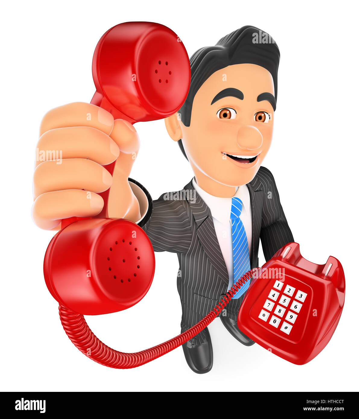 3d business people illustration. Businessman with a red telephone. Call concept. Isolated white background. Stock Photo