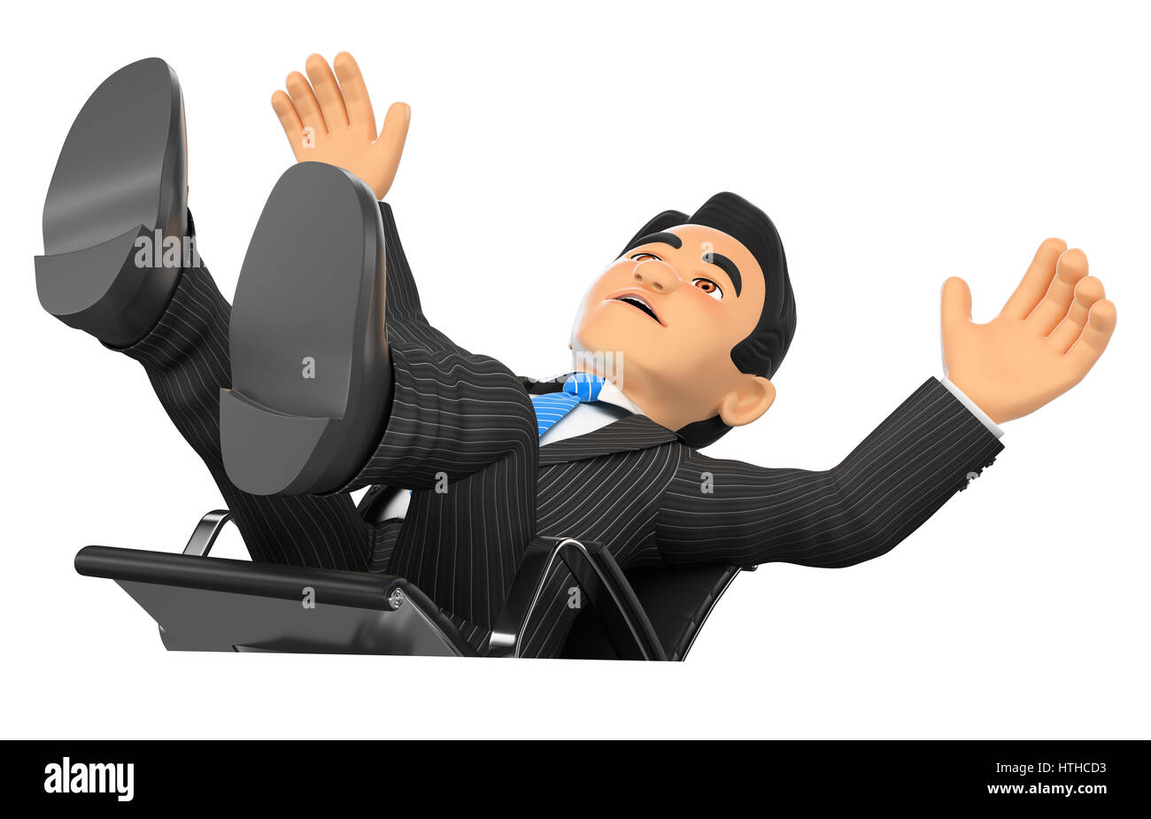 3d business people illustration. Businessman scared falling off his office chair. Isolated white background. Stock Photo