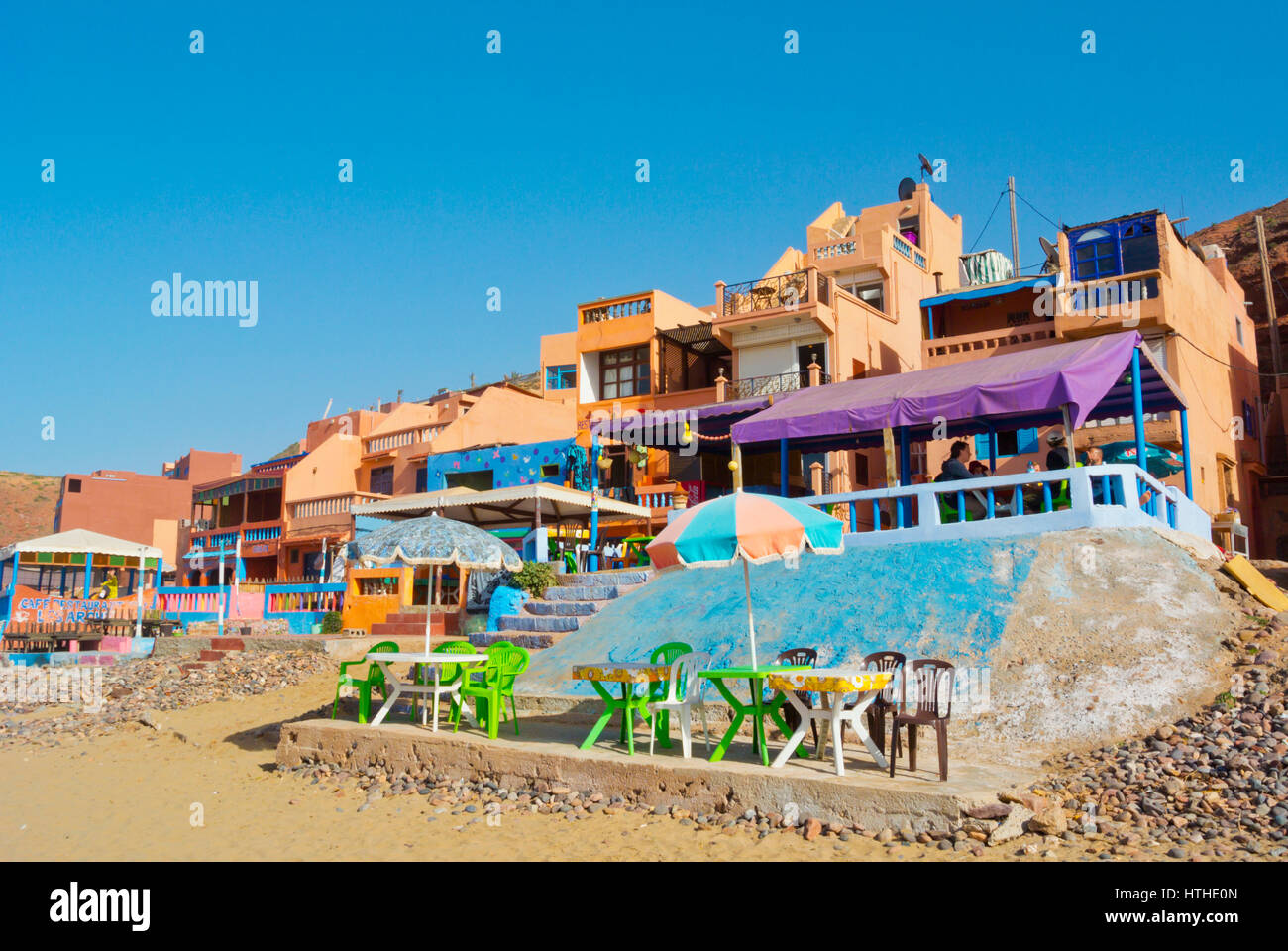 Cafes, restaurants and hotels, Legzira Plage, southern Morocco Stock