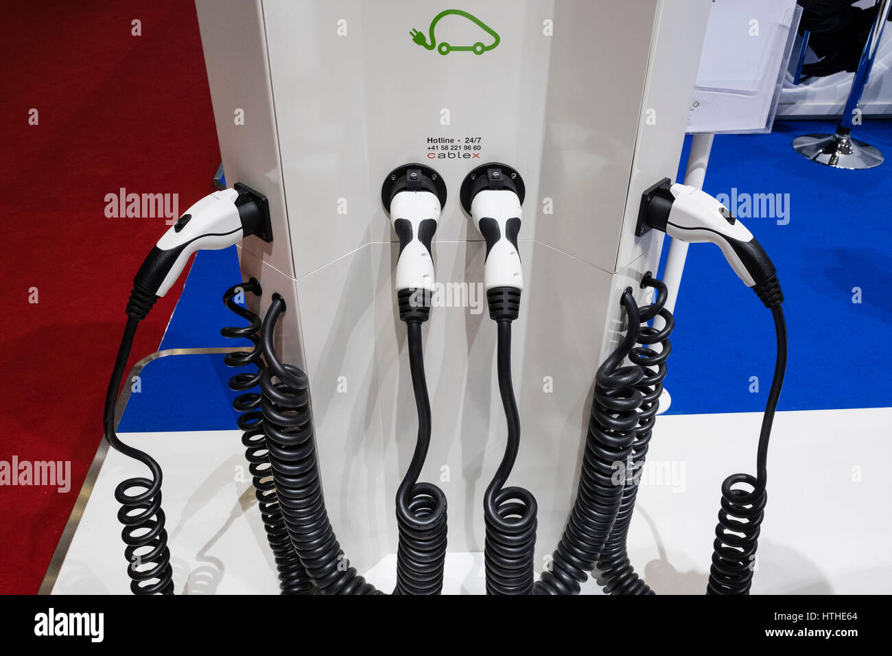 Display of electric  car charging station at 87th Geneva International Motor Show in Geneva Switzerland 2017 Stock Photo