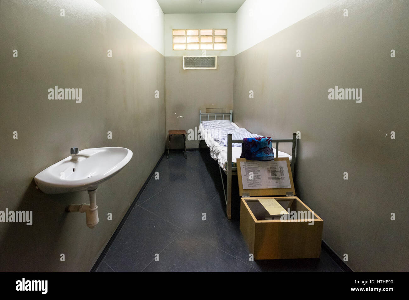 Prison Cell on display at DDR Museum, showing life in former East Germany,  in Mitte Berlin, Germany Stock Photo