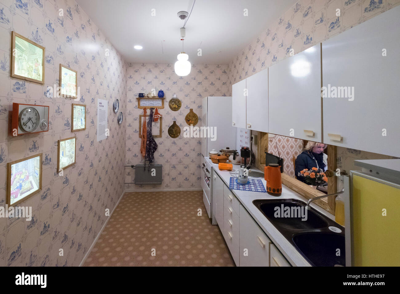 Kitchen of model East German apartment at DDR Museum, showing life in former East Germany,  in Mitte Berlin, Germany Stock Photo