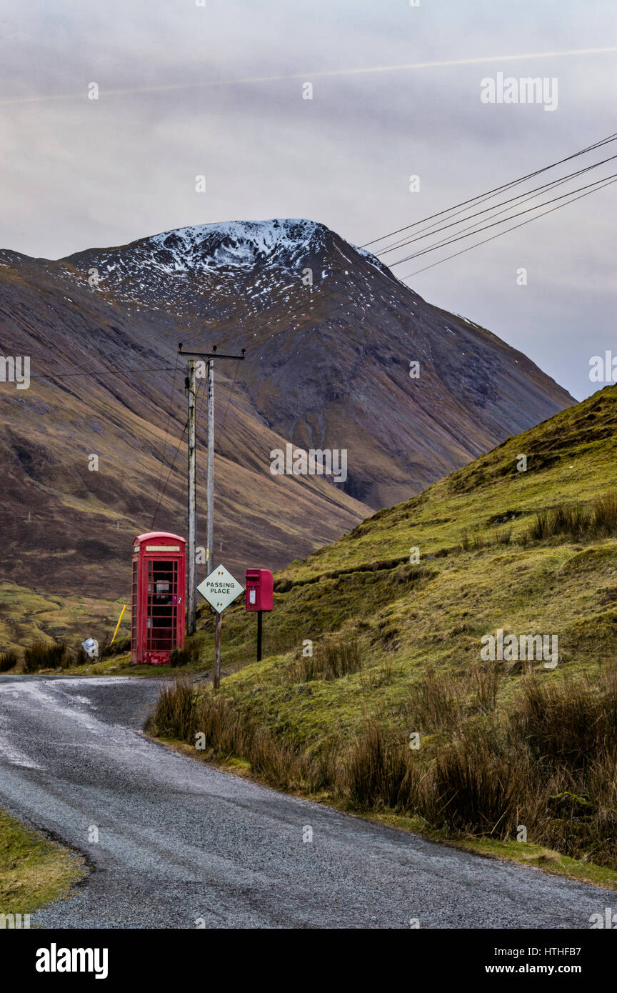 Telephone and post box at Peinachorrain with Glamaig in background Stock Photo