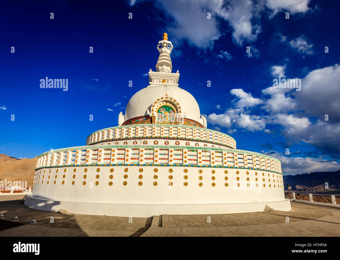 Shanti Stupa on the hilltop in the city of Leh, Kashmir, India Stock Photo