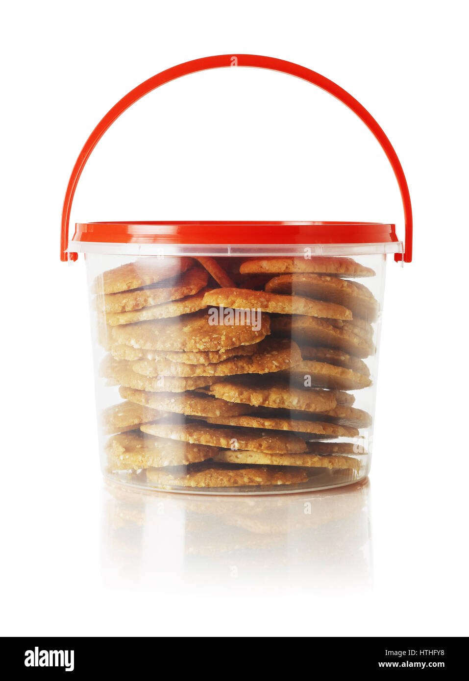 Cookies in Plastic Container with Handle on White Background Stock Photo