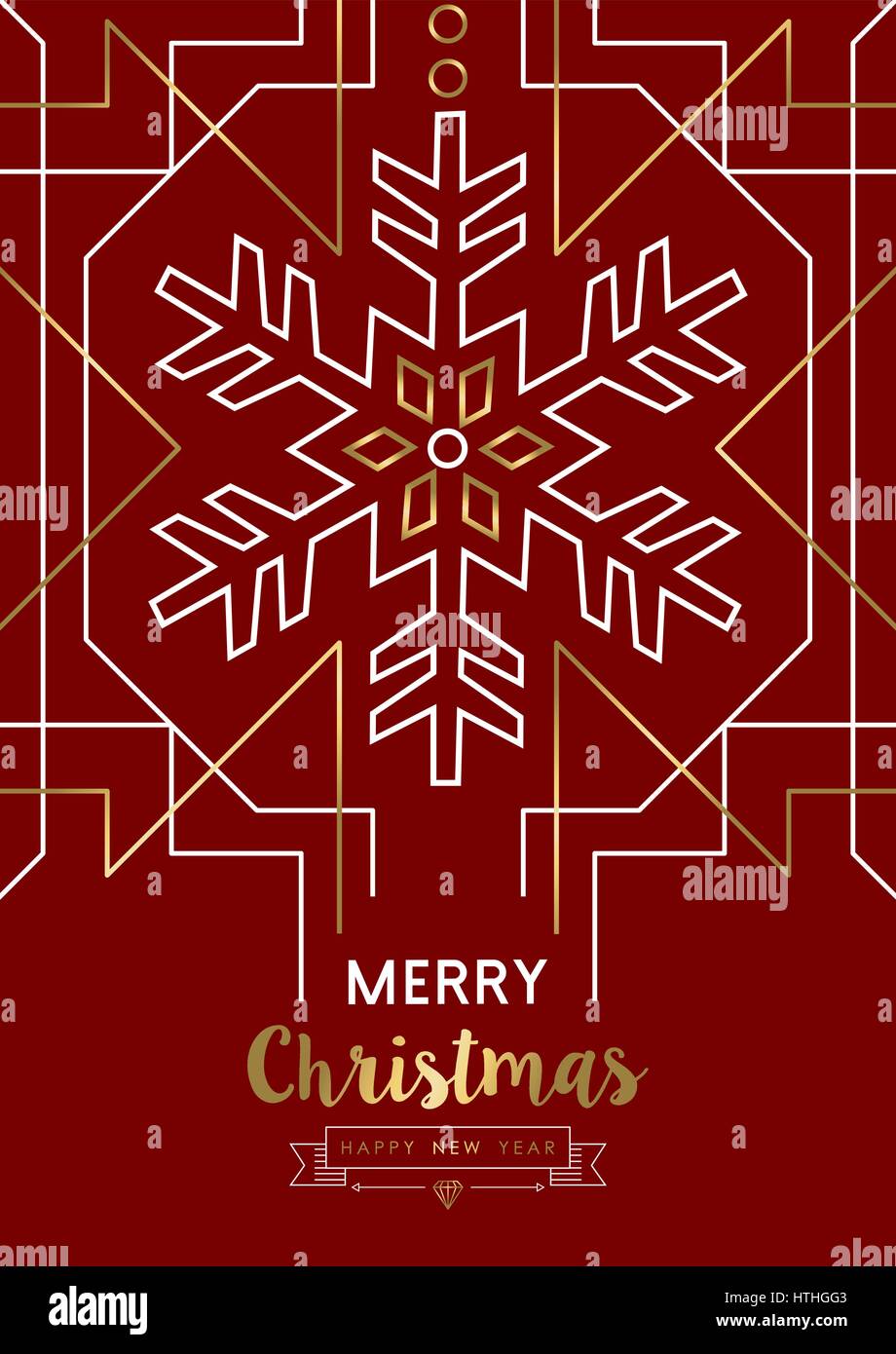 Merry Christmas Happy New Year snowflake frame design in gold art deco retro style. Ideal for elegant holiday party invitation, xmas greeting card or  Stock Vector