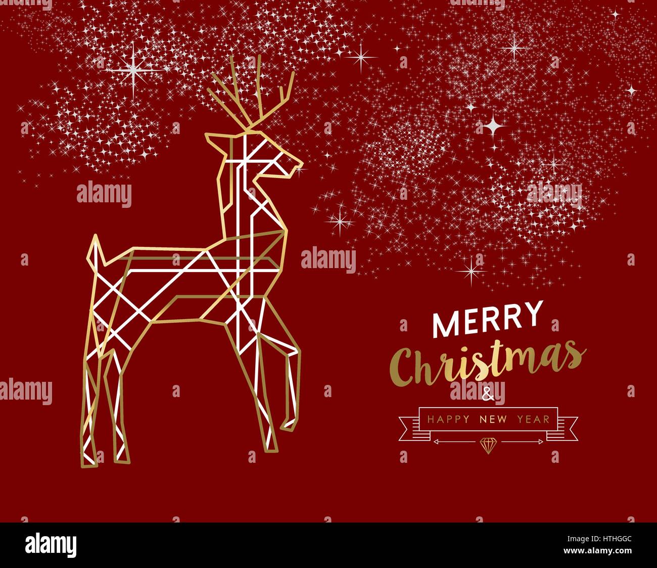 Merry Christmas Happy New Year gold and red deer in outline art deco ...