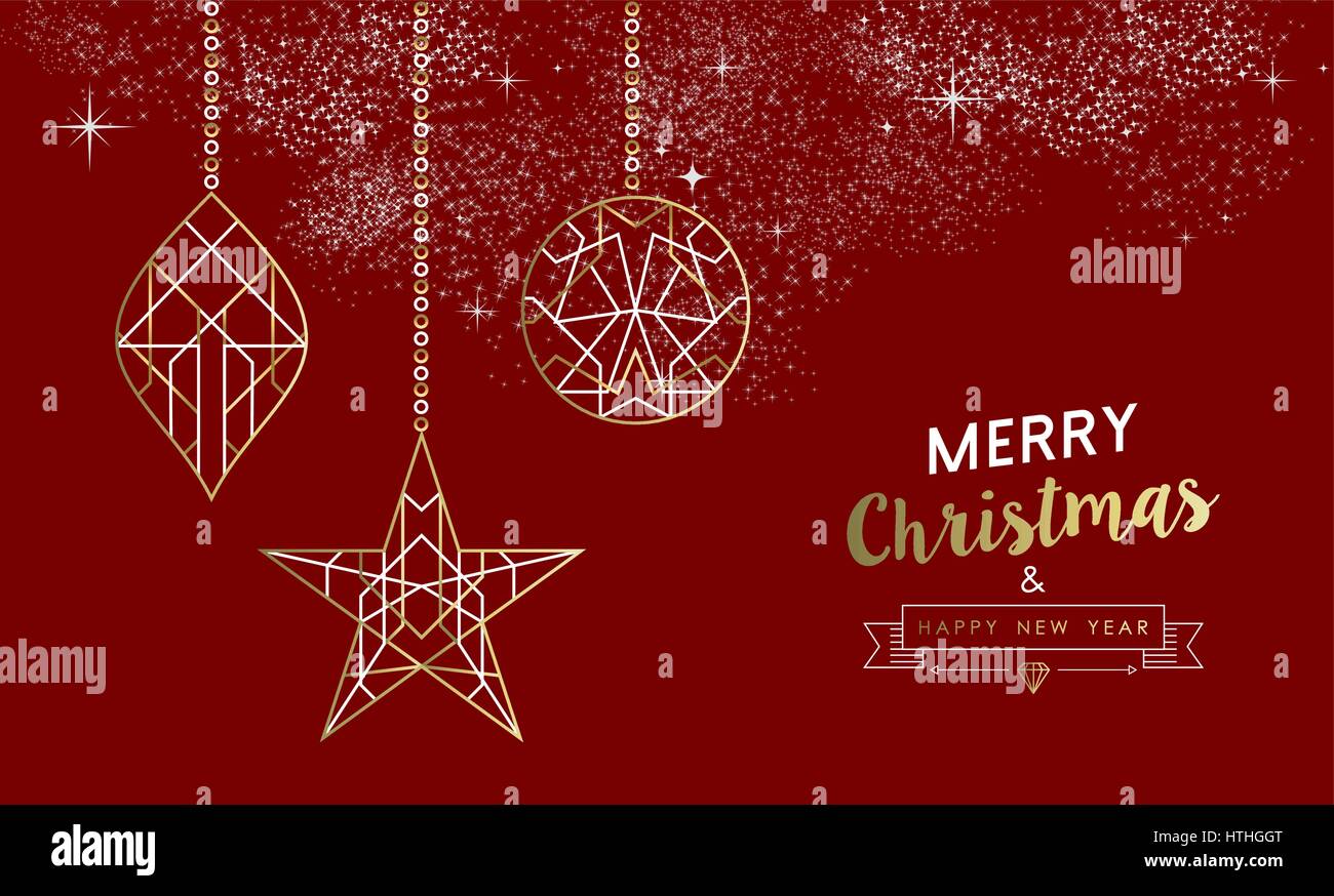 Merry Christmas Happy New Year greeting card design xmas decoration ornaments in outline art deco