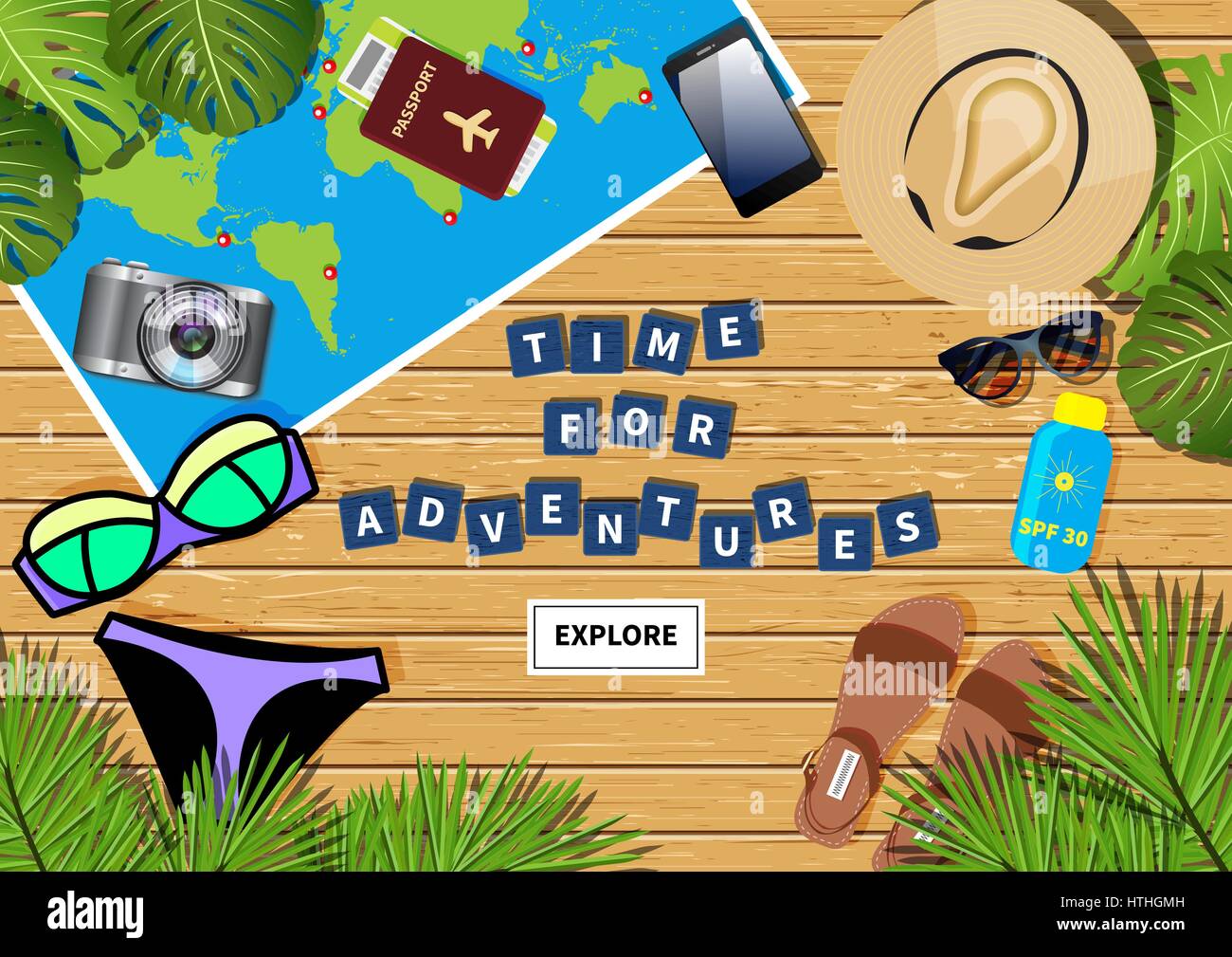 Vector travel banner with a phrase time for adventures made out of letters in word puzzling game. Different objects and map placed on light wooden tex Stock Vector