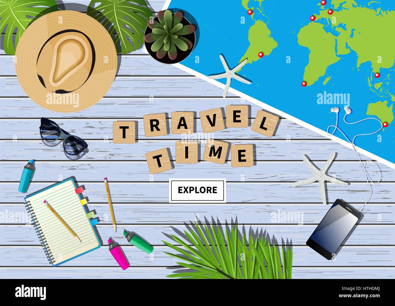 Vector travel banner with a phrase travel time made out of letters in word puzzling game. Different objects and map placed on blue wooden textured bac Stock Vector