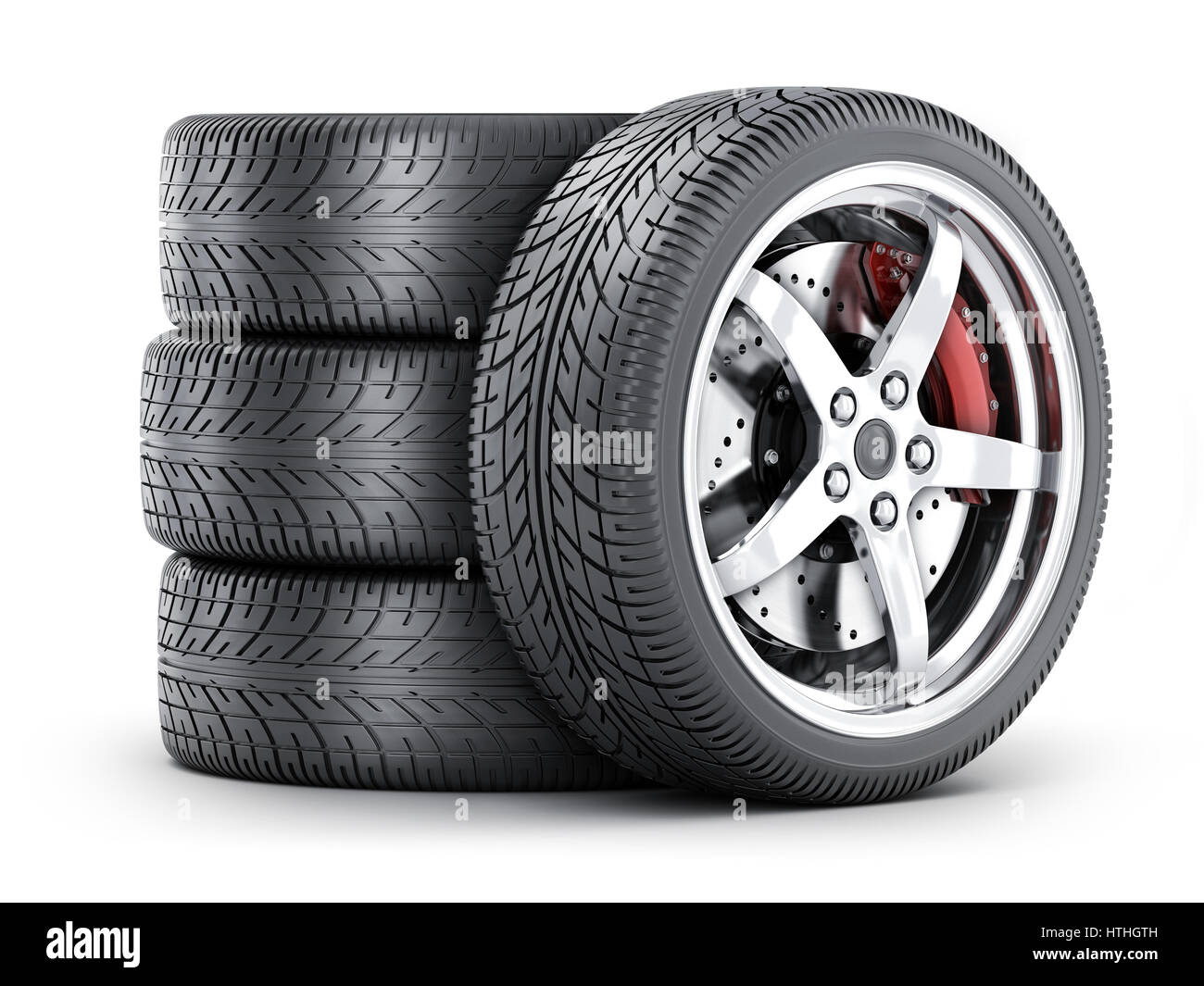 Four car wheel on a white background. 3d illustration, isolated Stock Photo