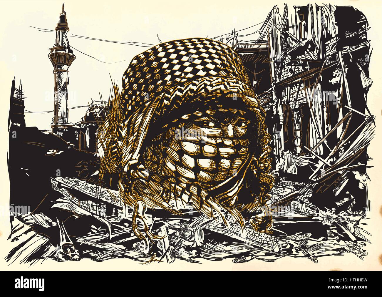 Muslim woman with big eyes, wearing a niqab in front of War place. Hand drawn vector illustration. Ruins of an town, city. Drawing on paper. Islamic,  Stock Vector