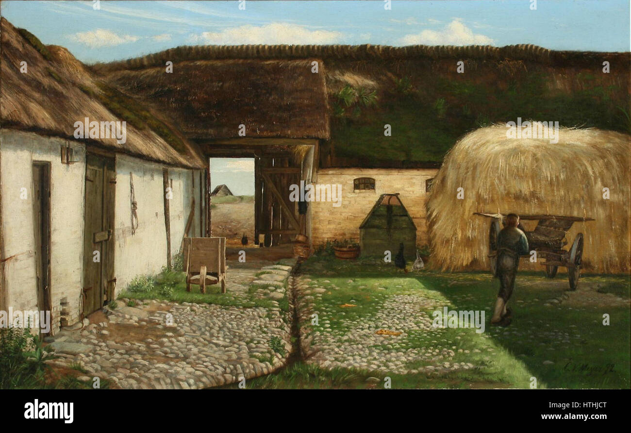Carl Vilhelm Meyer - Fowls and farmer with wagon in the courtyard (1892) Stock Photo