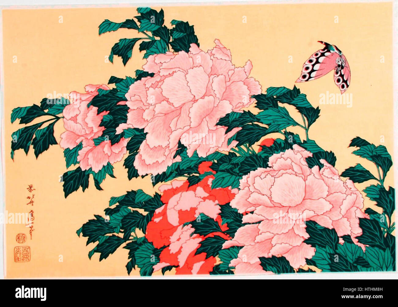 Katsushika Hokusai (1760-1849), Pioenroos met bloesem Stock Photo