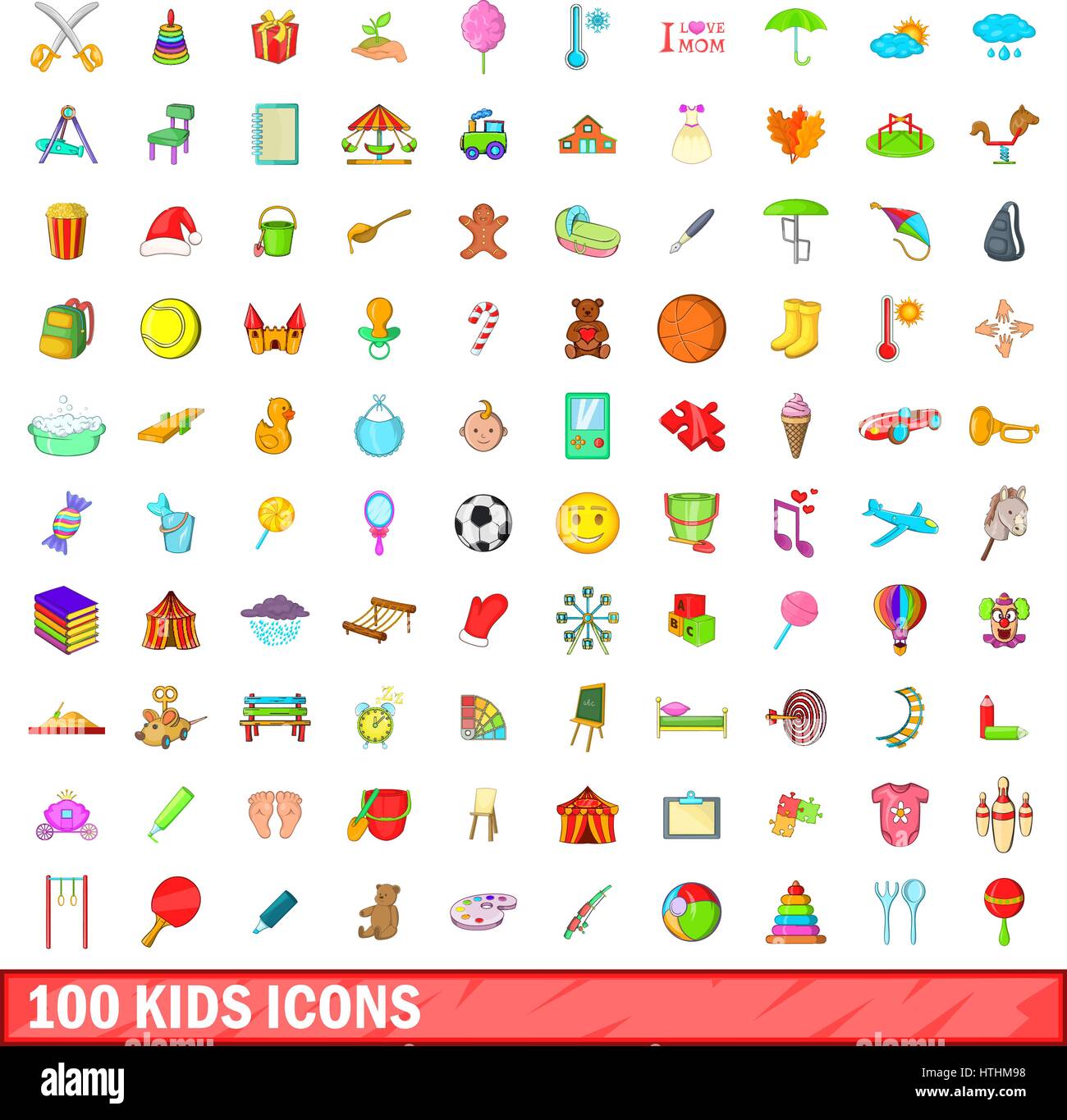 100 kids icons set in cartoon style for any design vector illustration ...