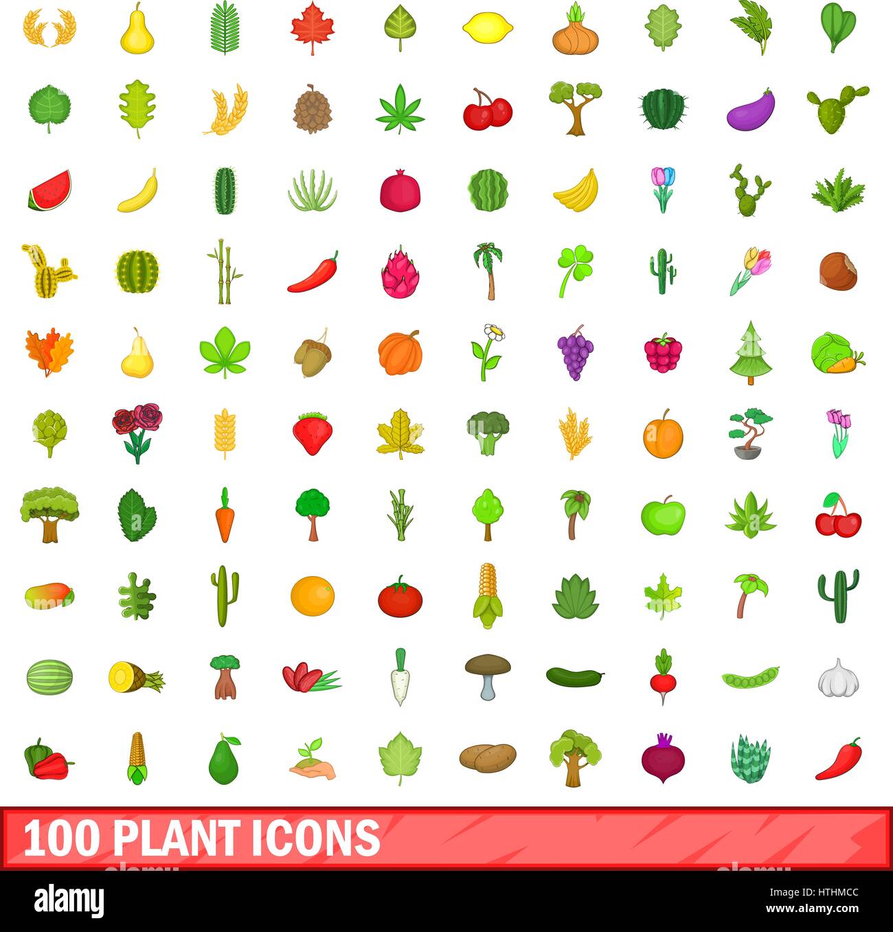 100 plant icons set in cartoon style for any design vector illustration ...