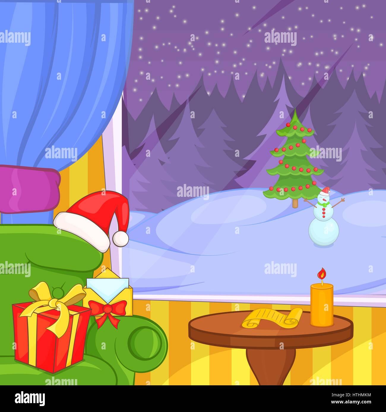 Christmas room concept landscape. Cartoon illustration of christmas