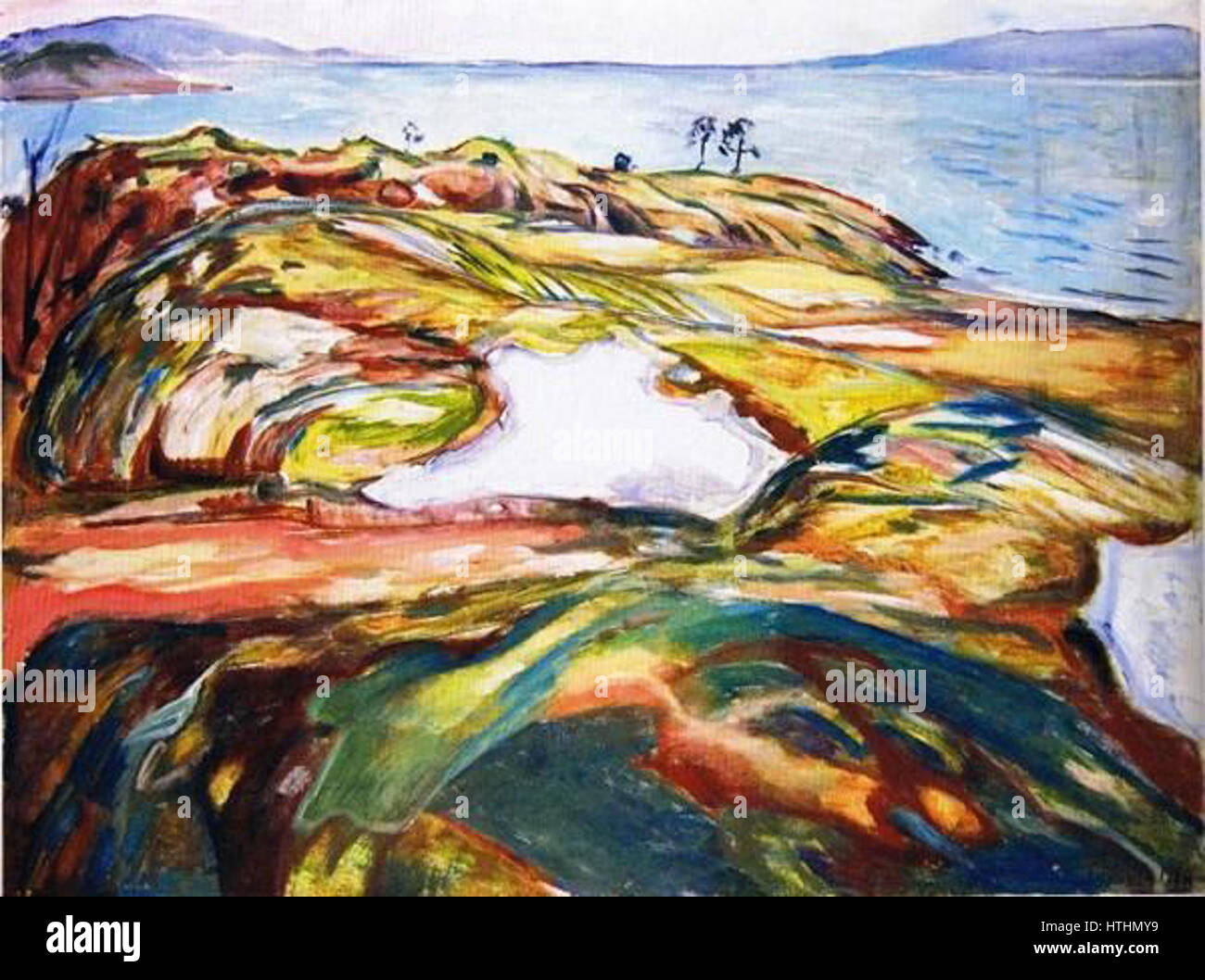 Edvard Munch’s 'Landschaft am Meer' (Landscape by the Sea) from 1918 captures the serene yet somber atmosphere of a coastal landscape. The muted colors and expressive brushwork convey a feeling of solitude and reflection, characteristic of Munch’s late work. Stock Photo
