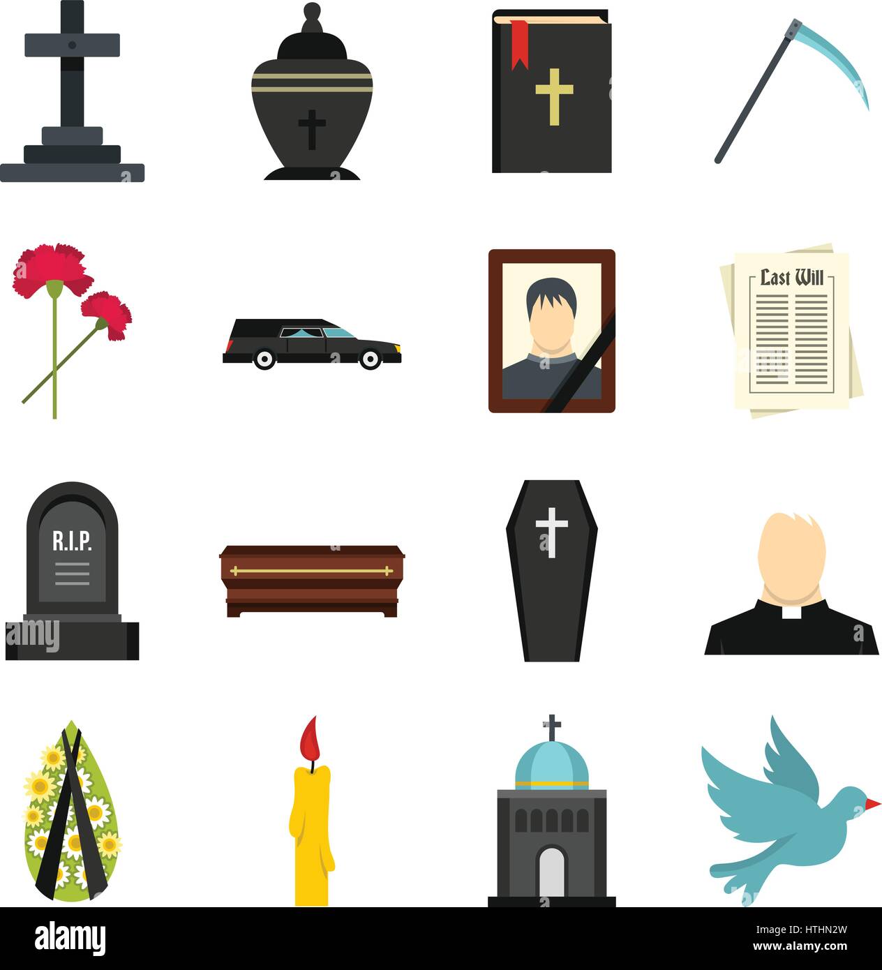 Funeral set icons in flat style isolated on white background Stock