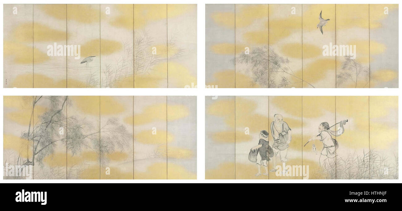 Style of Matsumura Goshun, Fishermen, bird and flowers Stock Photo Alamy