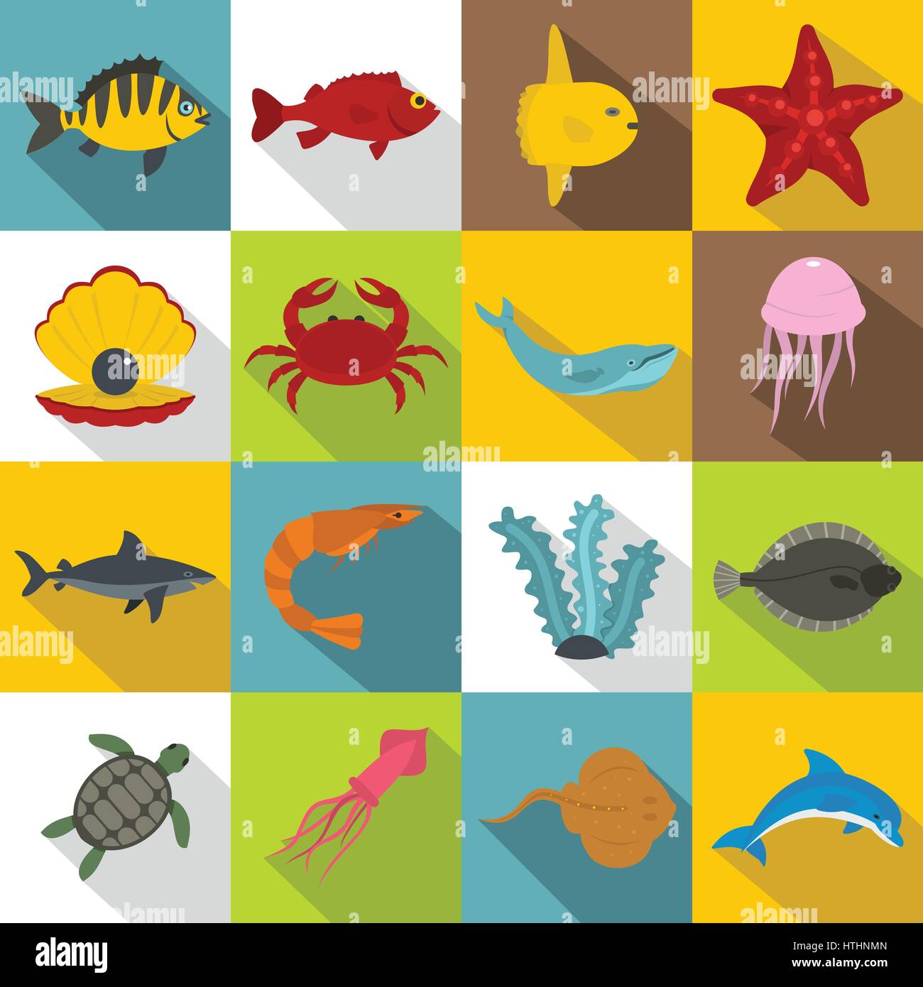 Sea animals icons set. Flat illustration of 16 sea animals vector icons for web Stock Vector
