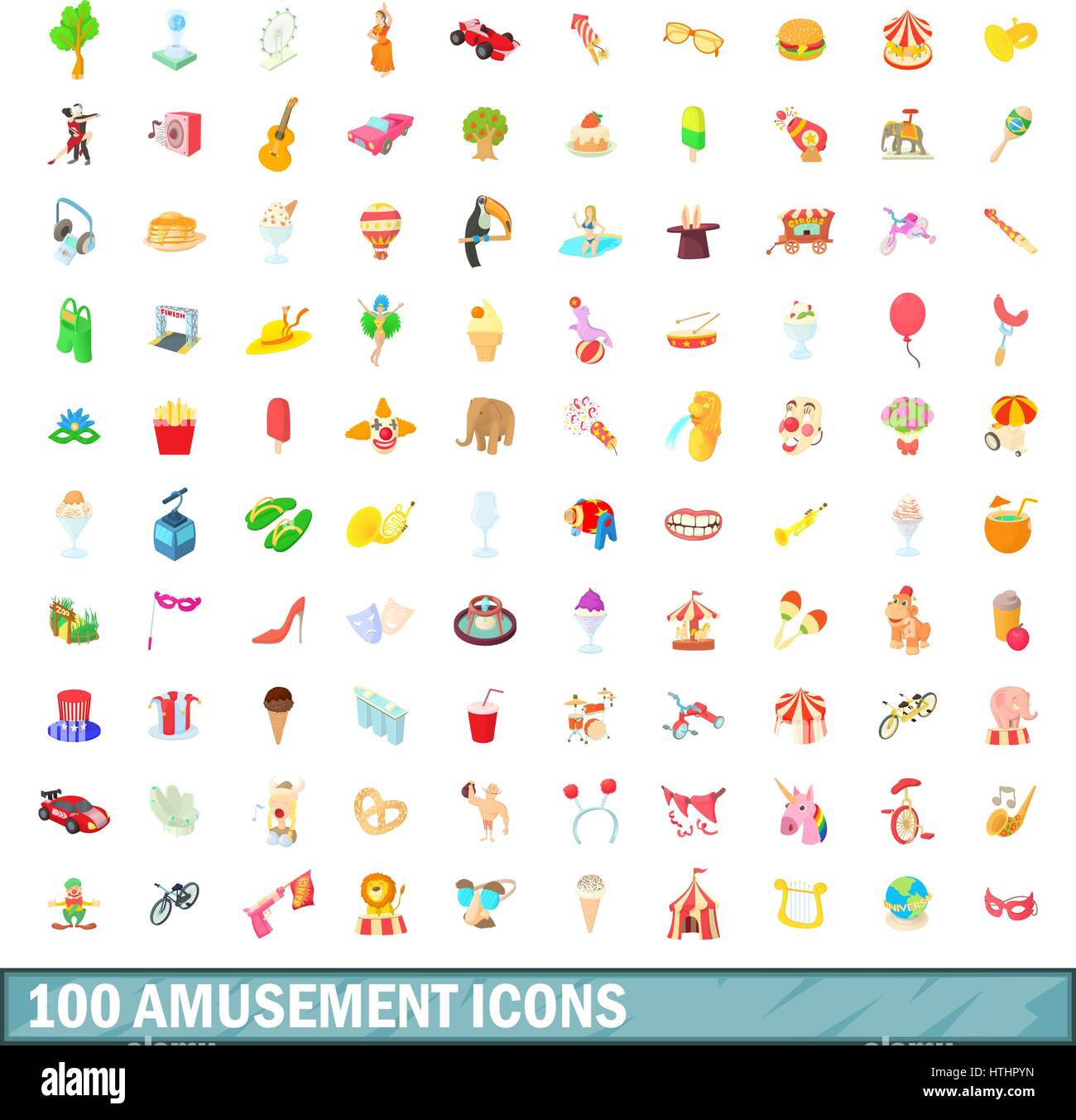 100 amusement icons set in cartoon style for any design vector ...