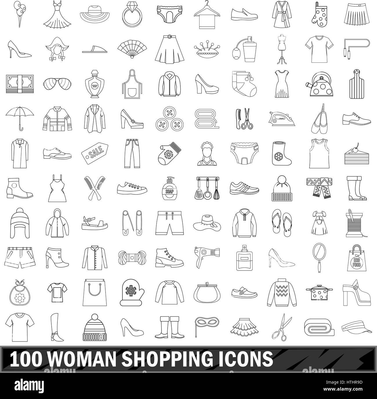 100 woman shopping icons set in outline style for any design vector ...