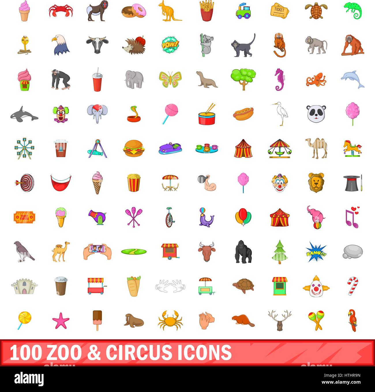 100 zoo and circus icons set in cartoon style for any design vector ...