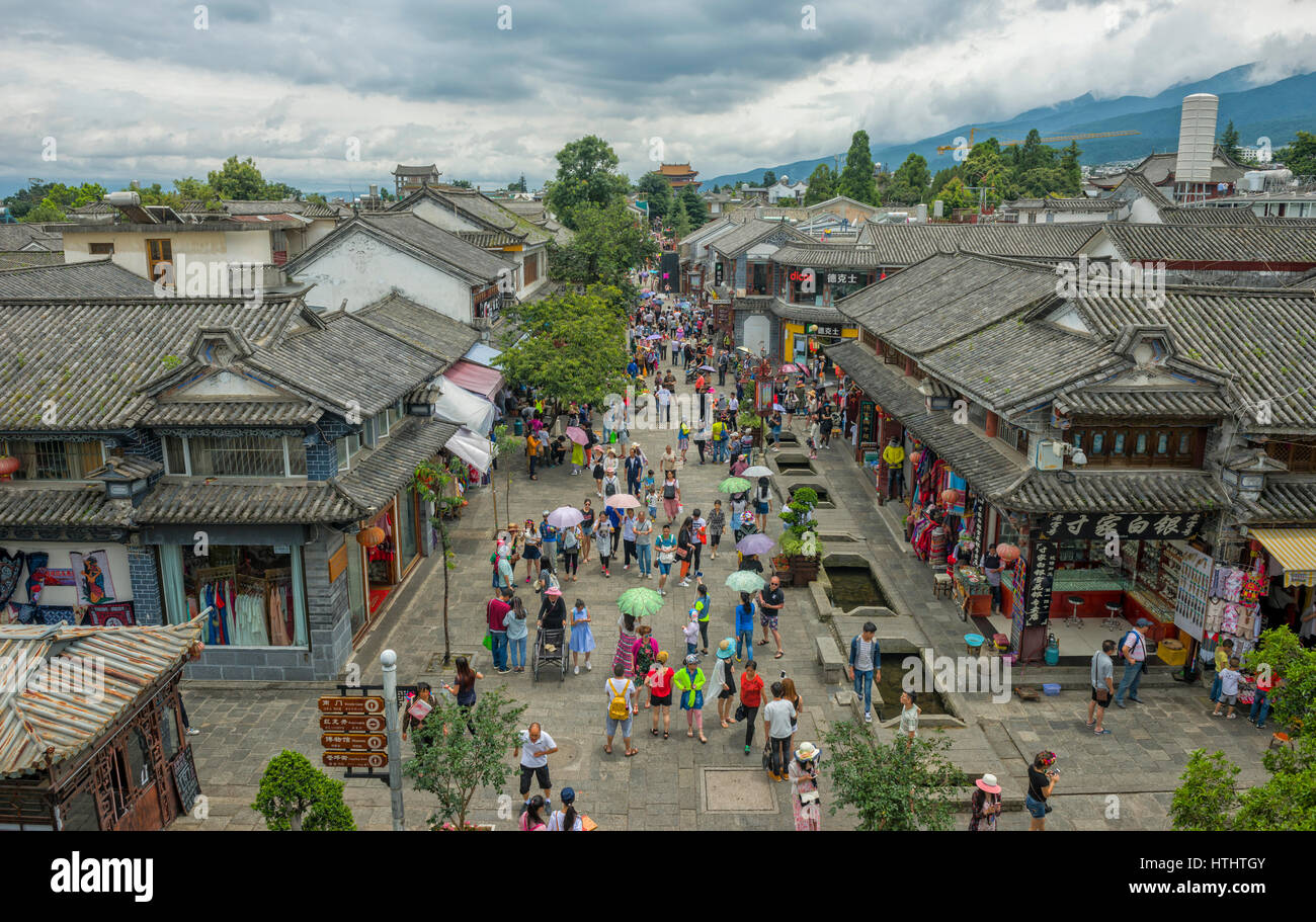 Aerial view of the main pedestrian street and shopping area of ancient Dali old town in Yunnan, China Stock Photo
