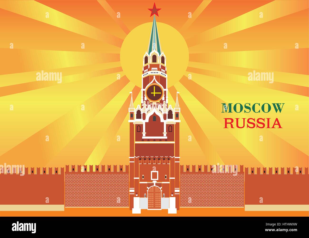 Spasskaya tower of the Moscow Kremlin on orange background with sun Stock Vector
