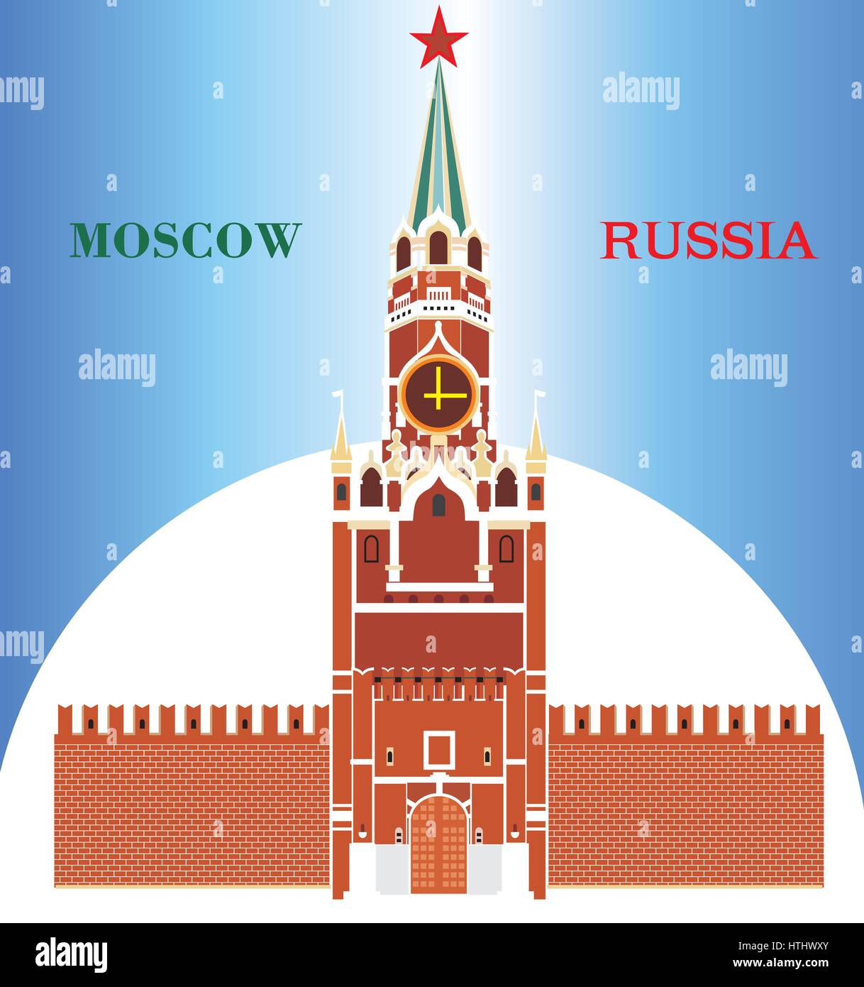 Colorful Spasskaya tower of the Moscow Kremlin in blue background Stock Vector