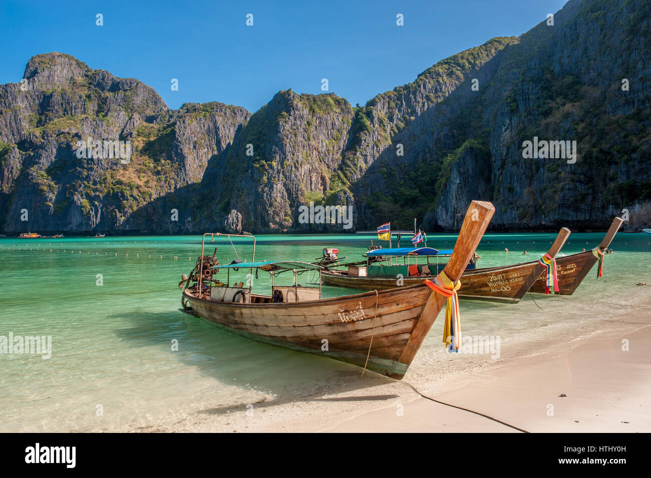 Maya Bay, Phi Phi Islands, Thailand is a popular tour destination from Phuket and known as the location for the movie 'The Beach' Stock Photo