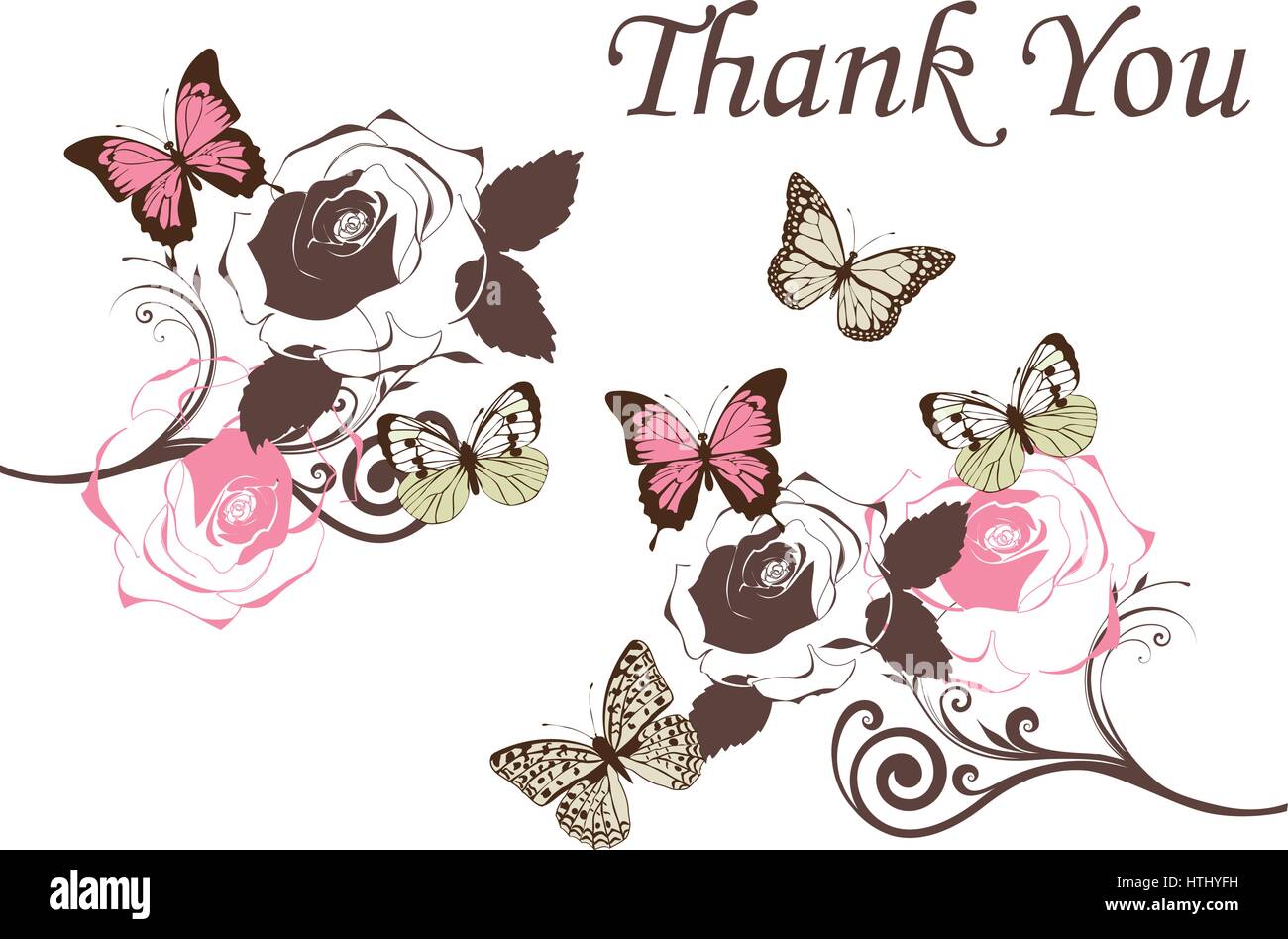 vector illustration of a vintage thank you card with butterflies, roses ...