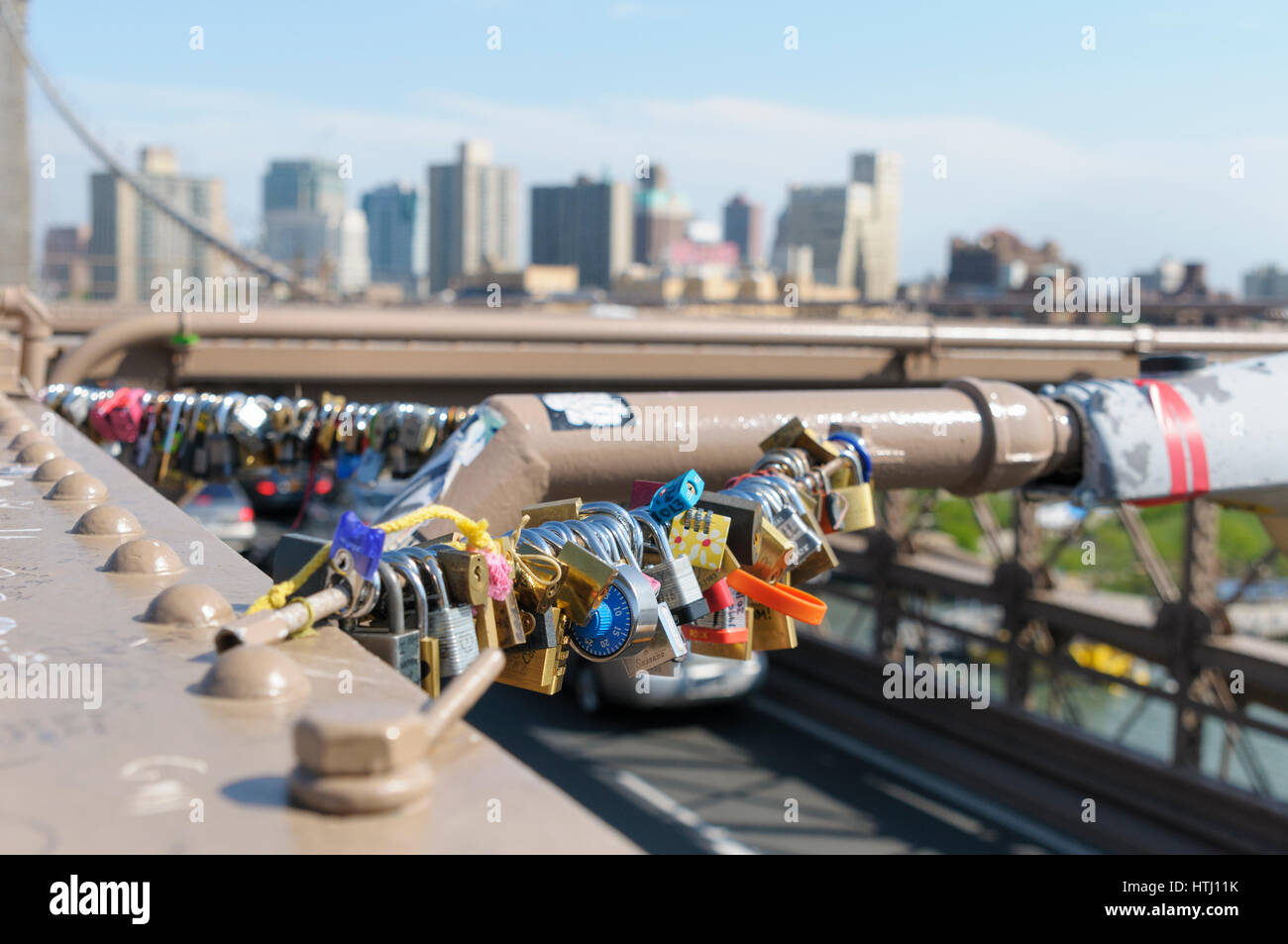 Love locks on Brooklyn Bridge, Manhattan, New York City, USA Stock Photo
