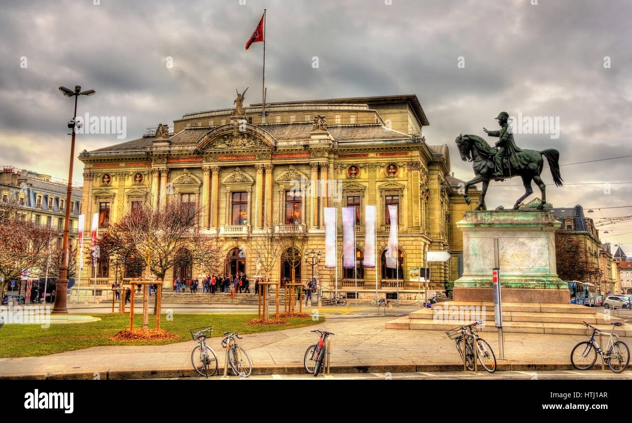 Grand Theatre de Geneve and Henri Dufour Statue - Switzerland Stock Photo